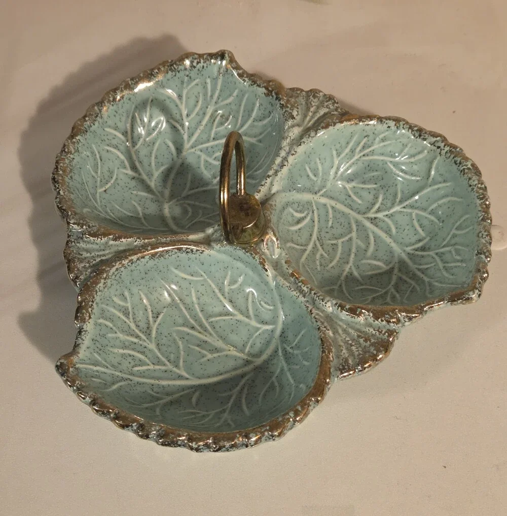 Vtg MCM California USA Pottery Divided Leaf Nut Dish Turquoise Aqua Gold Accents